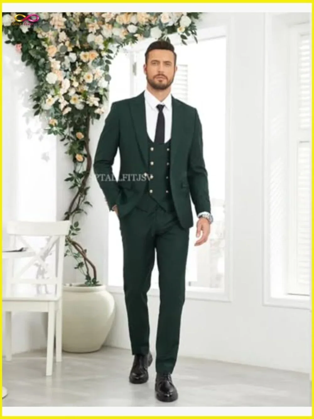 Slim Fit Three Piece Suit Double Breasted Vest Gold Button Formal Elegant